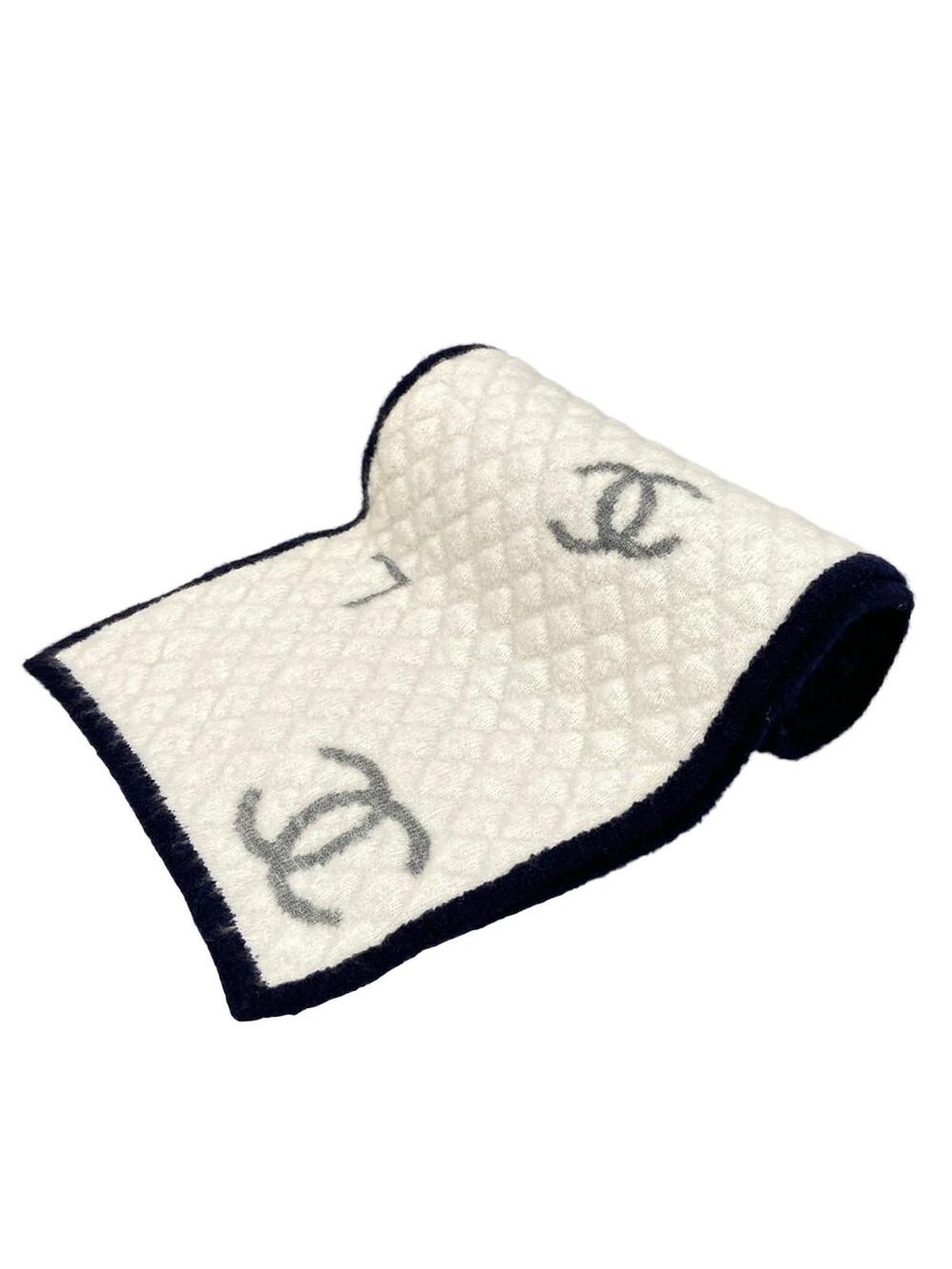 Chanel Cream Gray Navy Wool Silk Scarf #364382C14B